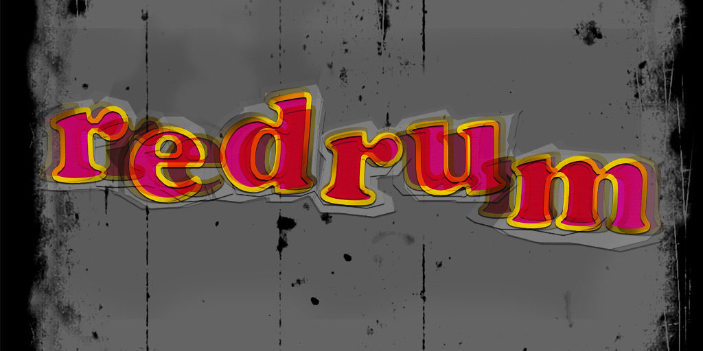 'redrum' – red type on a distressed, grey background.