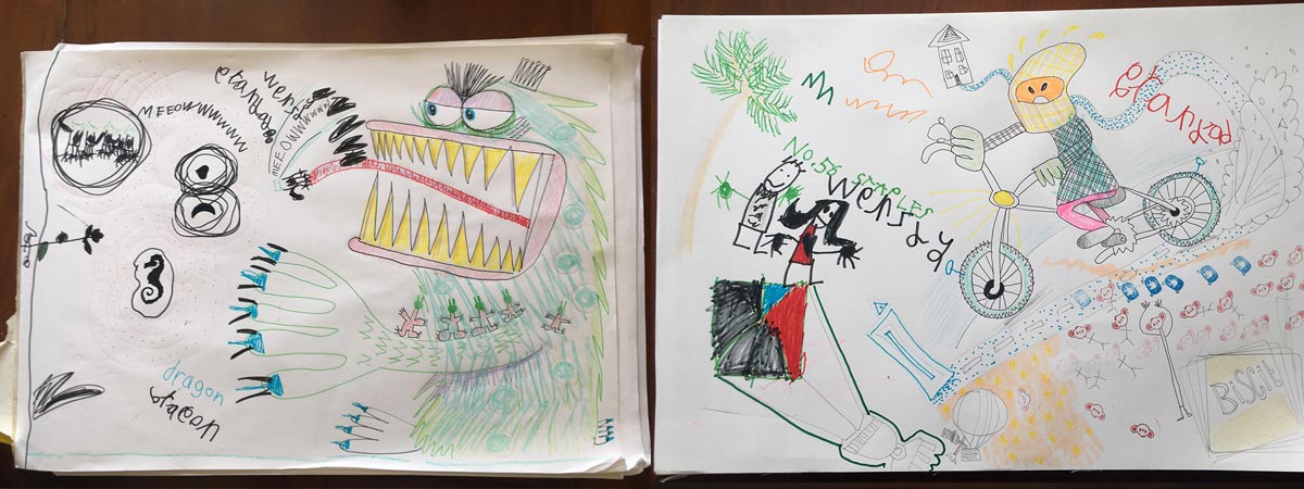 Two drawings by Jonathan Wilcock and Ellie – 'Dragon' and 'Biker'