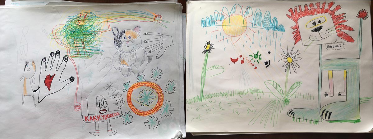 Two drawings by Jonathan Wilcock and Ellie – 'Kakkydoo' and 'Lion'