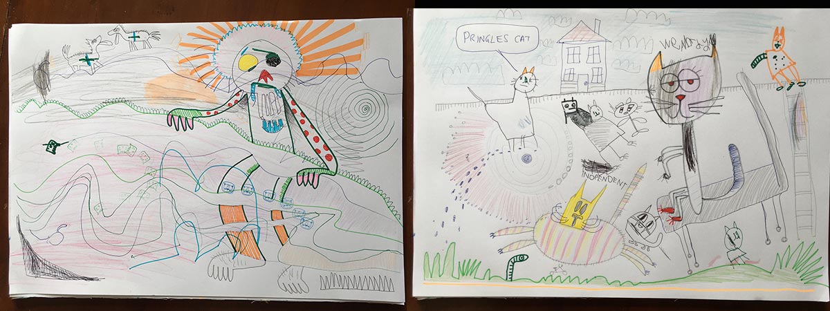 Two drawings by Jonathan Wilcock and Ellie – 'Skelly' and 'LotsoCats'