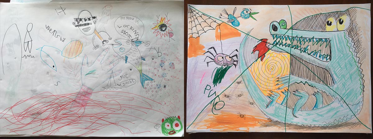 Two drawings by Jonathan Wilcock and Ellie – 'Yot' and 'Croc'